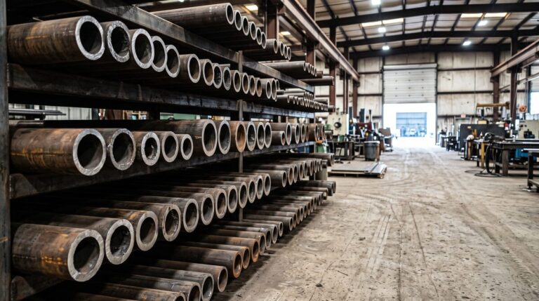 Heavy steel tube stock racked horizontally in a manufacturing shop, cut ends facing the camera in rows of different...