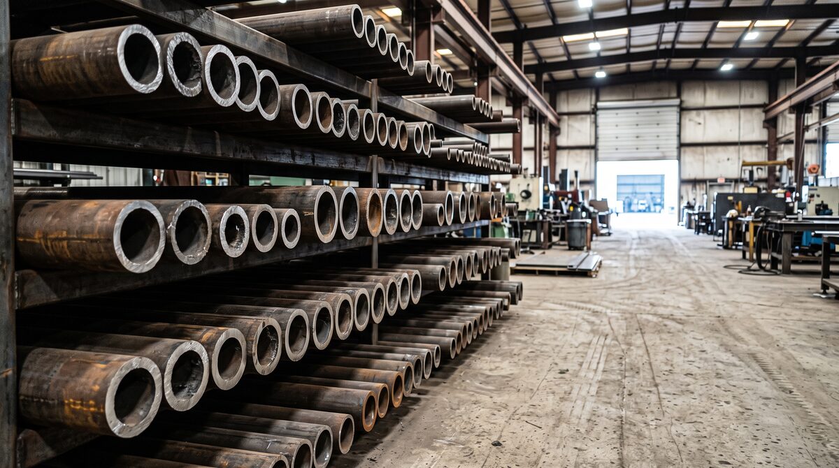 Heavy steel tube stock racked horizontally in a manufacturing shop, cut ends facing the camera in rows of different...