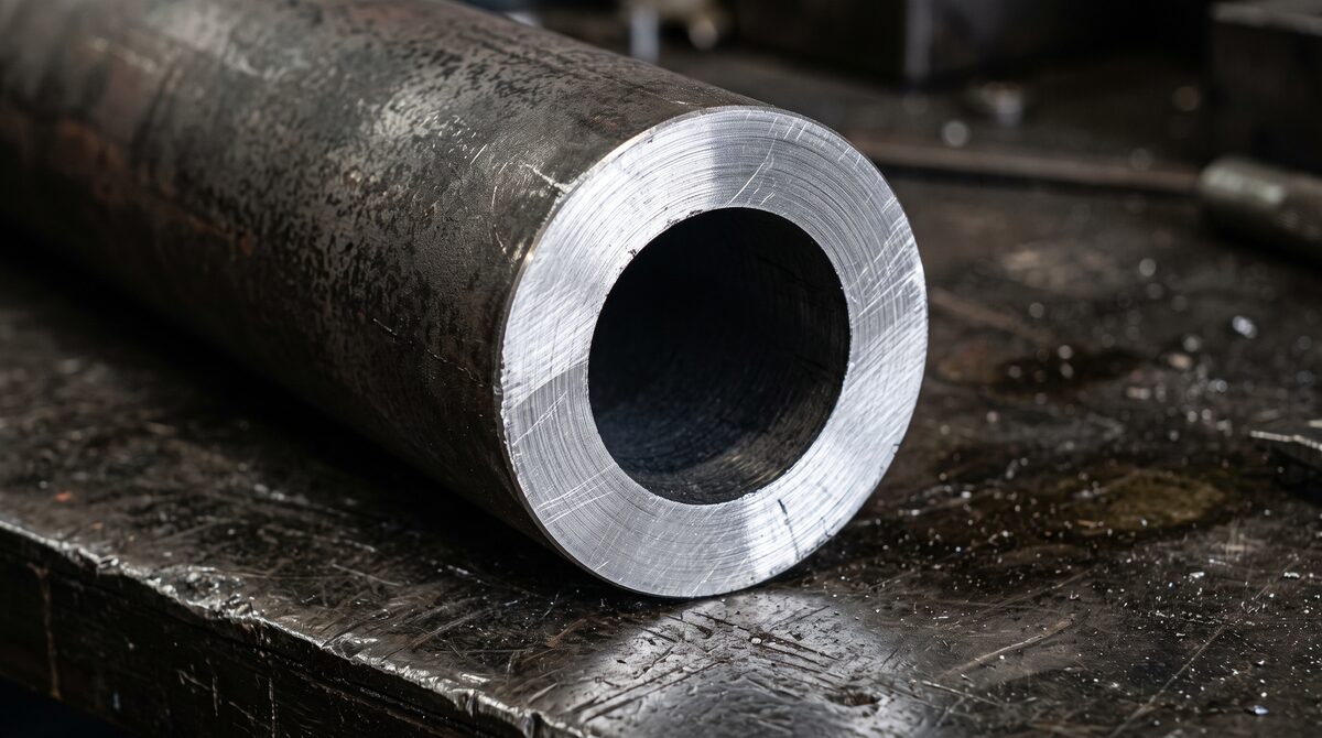 Extreme macro of the cut end of a thick-walled steel tube, the bright machined face and the wall thickness sharp against...