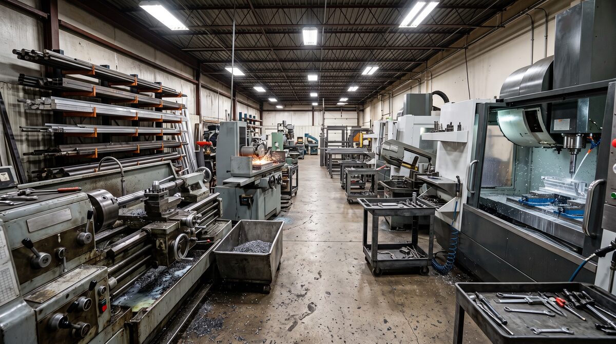 Wide view down a busy American machine shop bay with several different processes visible at once: CNC mills, a lathe and...