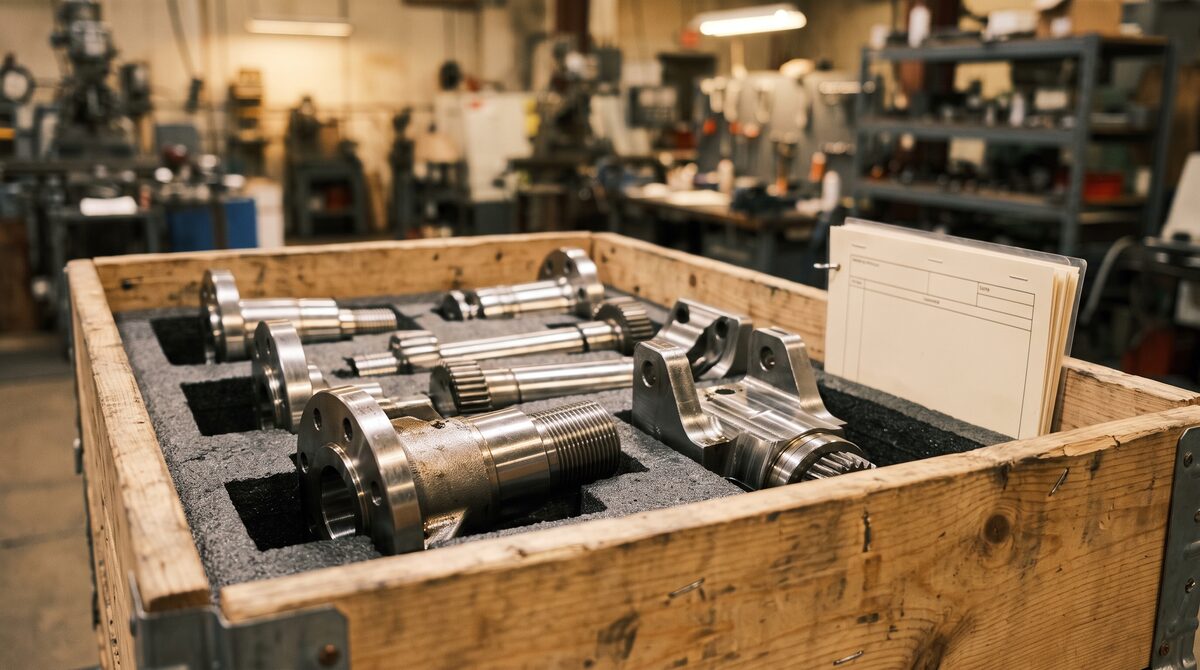 Close detail of finished machined steel components packed in a shipping crate with foam inserts and blank routing...