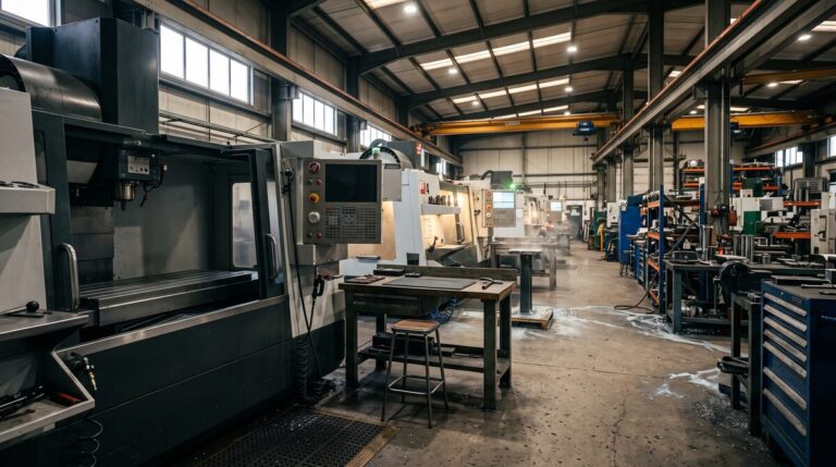 CNC machining centre standing idle in an otherwise working shop, its control screen dark and the spindle stopped, while...