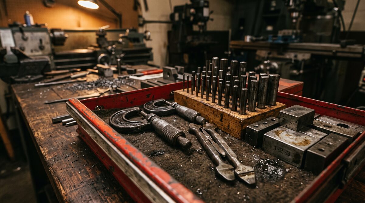 Close detail of a well-used machinist's toolbox drawer open on a bench: micrometers, edge finders, gauge pins and setup...