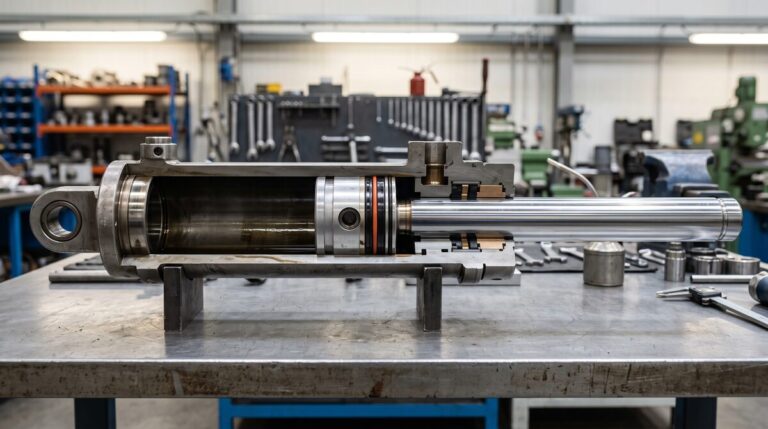 Hydraulic cylinder sectioned lengthwise on a clean workbench so the bore, piston and seal are all visible in cross...