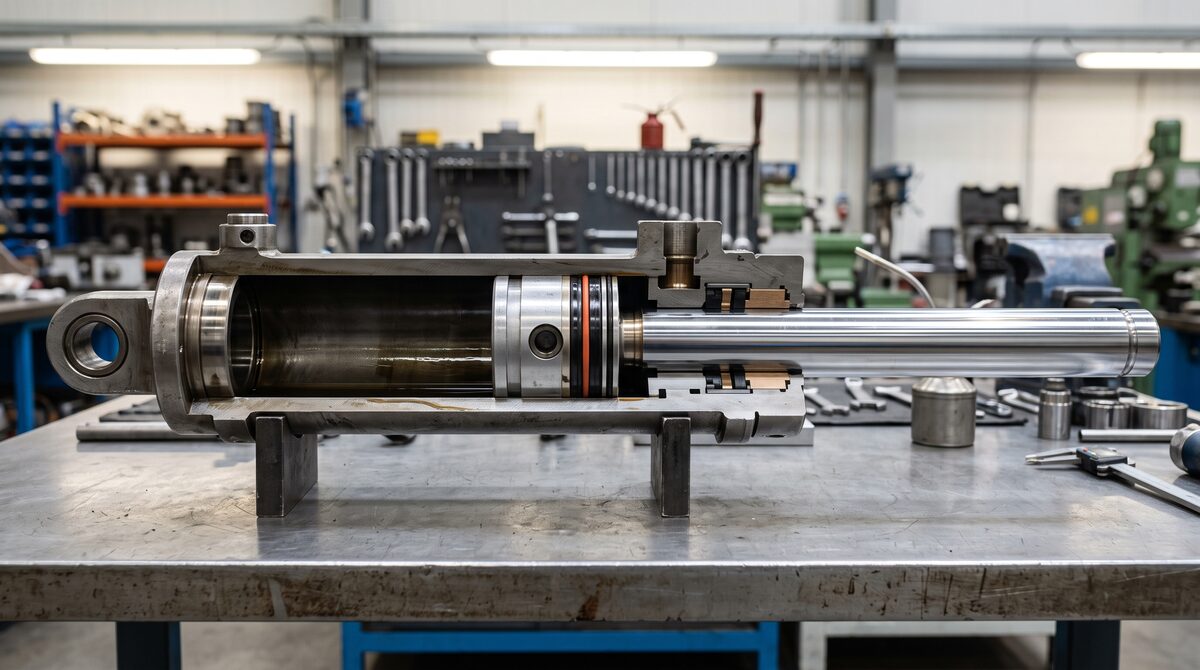 Hydraulic cylinder sectioned lengthwise on a clean workbench so the bore, piston and seal are all visible in cross...