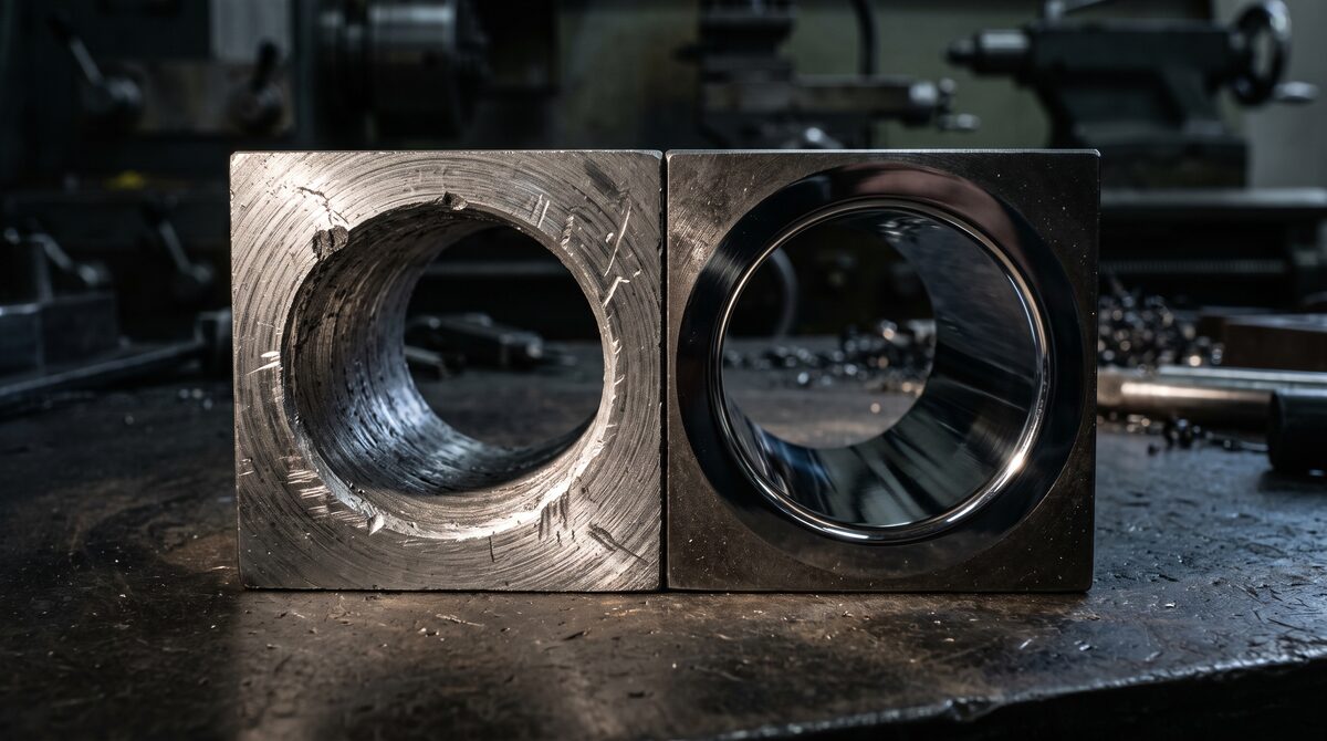 Macro comparison of two steel bore surfaces side by side on a dark ground: one rough and matte with visible tooling...
