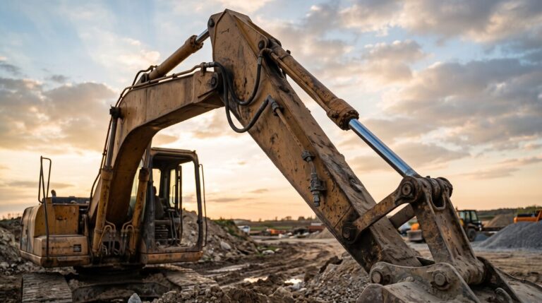 The boom of a working excavator against an open sky, the hydraulic cylinders along the arm the clear subject, chrome rods...