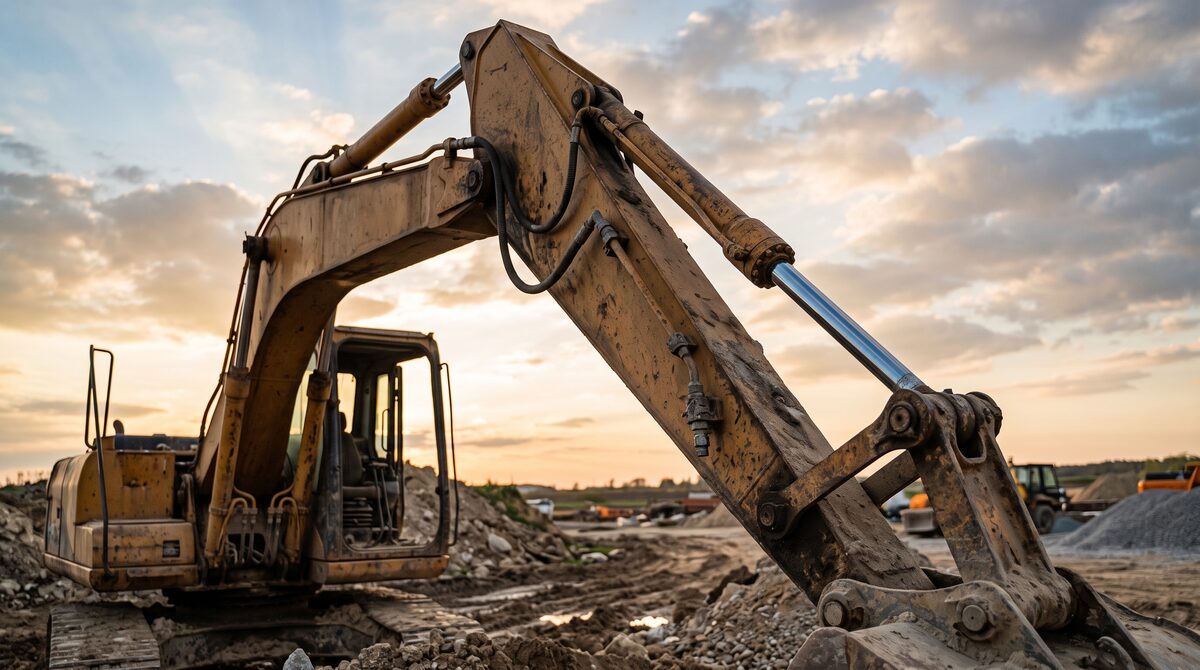 The boom of a working excavator against an open sky, the hydraulic cylinders along the arm the clear subject, chrome rods...