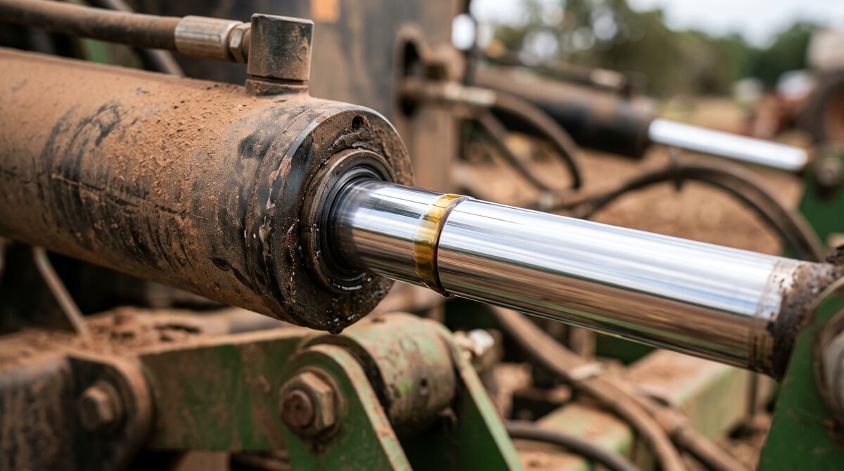 Close detail of a chrome hydraulic cylinder rod extending from its gland on a piece of agricultural machinery, field dust...