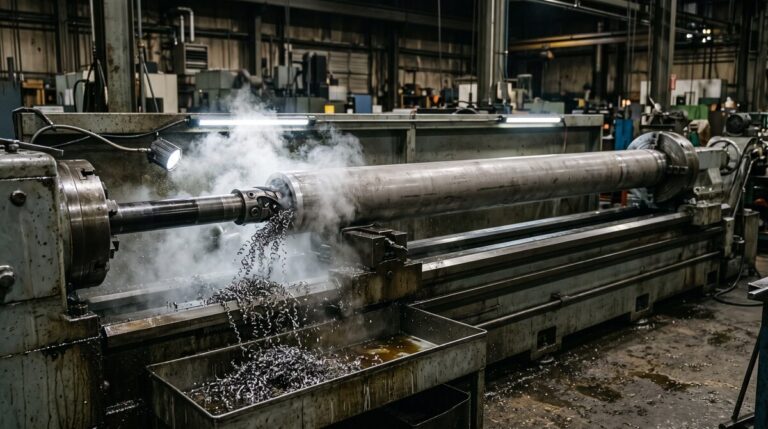 Long steel hydraulic cylinder tube mounted horizontally in a skiving and roller burnishing machine mid-cycle, the tool...
