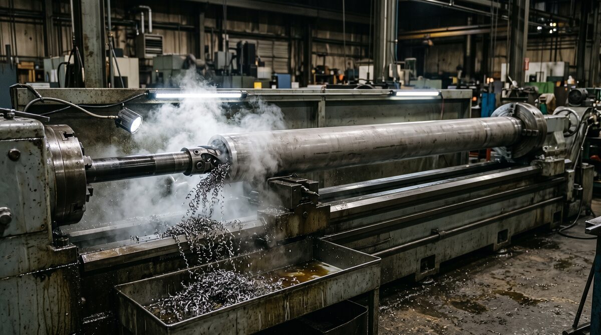 Long steel hydraulic cylinder tube mounted horizontally in a skiving and roller burnishing machine mid-cycle, the tool...