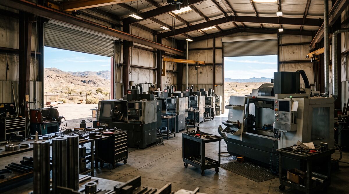 Wide view across a working machine shop bay in the high desert, CNC machines in rows, roller doors open to bright dry...