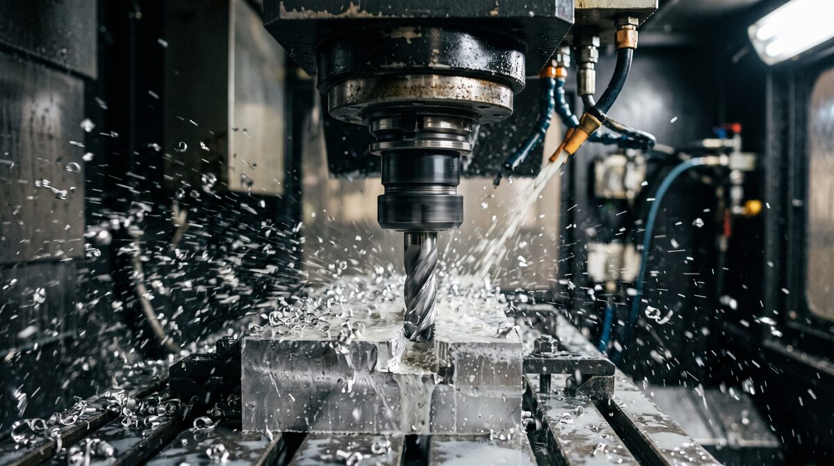 Close detail of a CNC milling spindle cutting aluminium, chips flying and coolant spray, shallow focus on the cutter