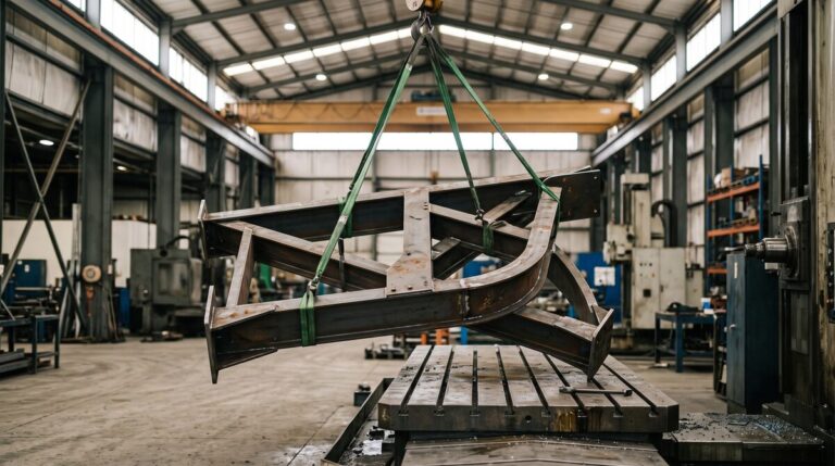 Large awkward fabricated part rigged on lifting straps above a machine table, overhead crane visible, industrial bay with...