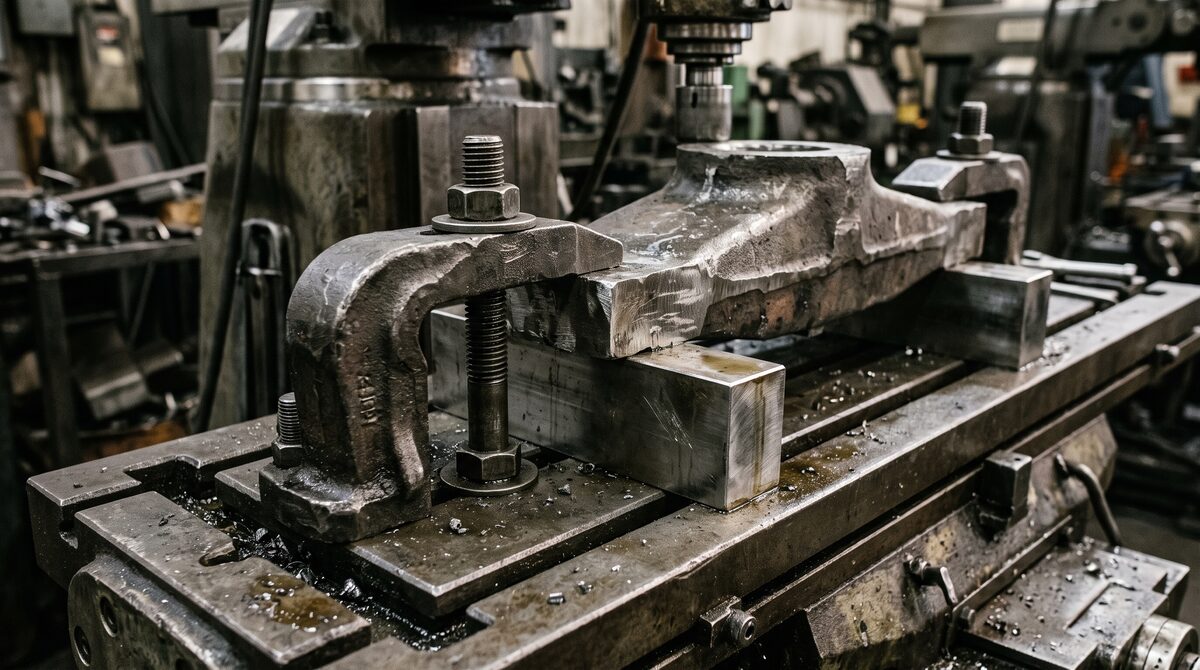 Close detail of heavy clamps and parallels holding an oversized workpiece to a machine table, hard directional light