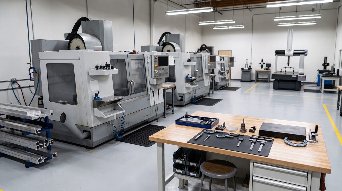Clean precision manufacturing floor with inspection area, CNC machines and a quality bench in one view, bright even...