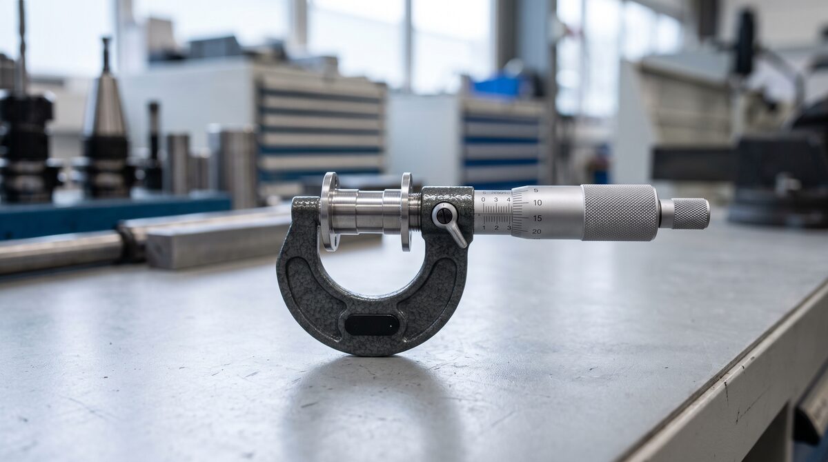 A micrometer measuring a finished precision component on a clean bench, fine graduations sharp, cool neutral light
